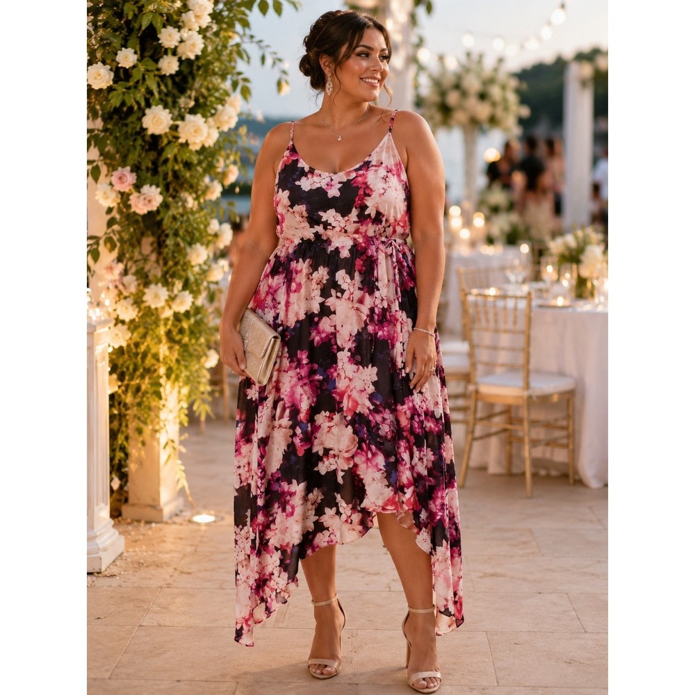 Garden Floral Dress Sz 18/20 BlackPinkRed SharkbiteHem Feminine Fairy Coquette